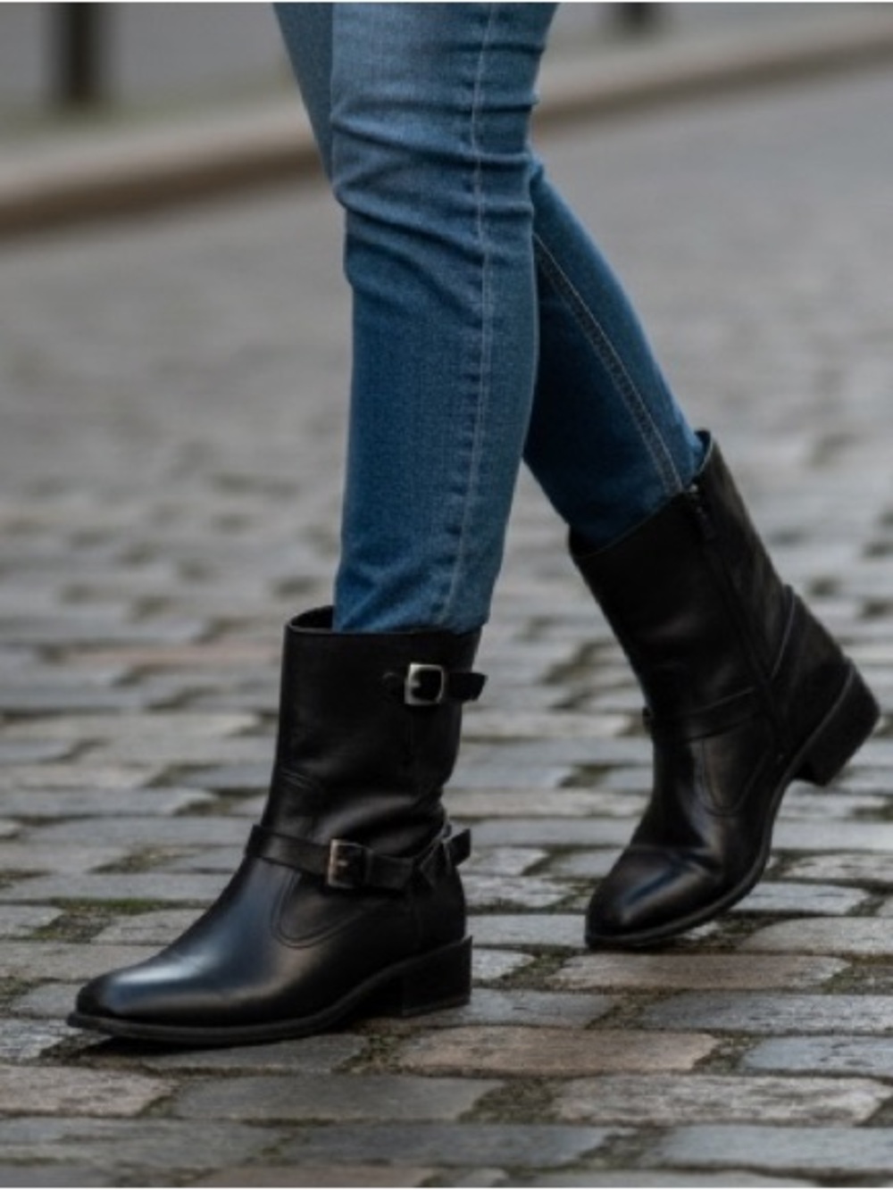 Ralph Lauren Black Leather Mid-Calf Buckle Boots